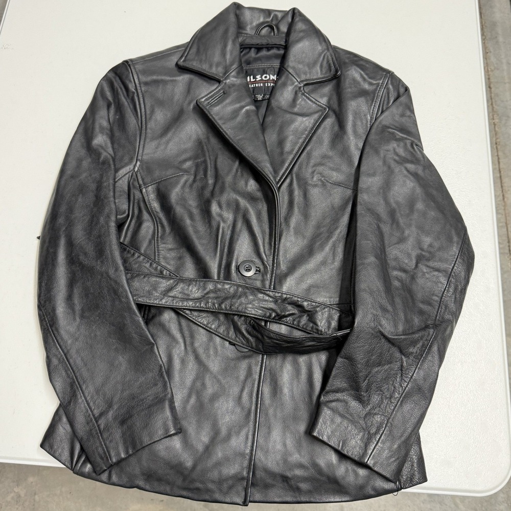 Wilsons Leather Jacket Womens XS Black Excellent Belted Trench Coat Blazer